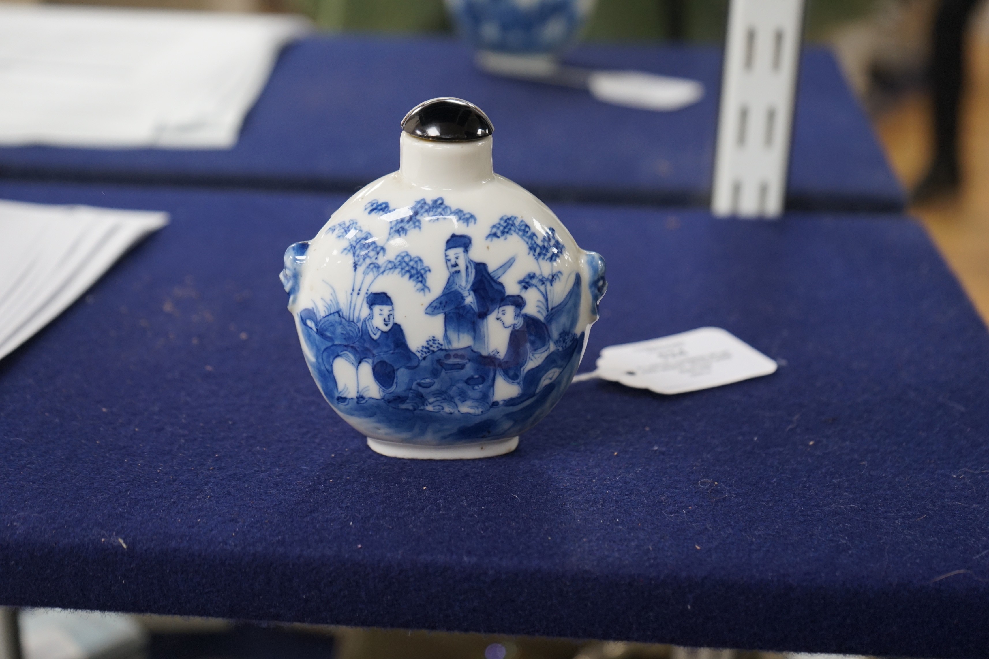 A large Chinese blue and white ‘scholars’ snuff bottle, 19th century, 9 cm high excluding later stopper